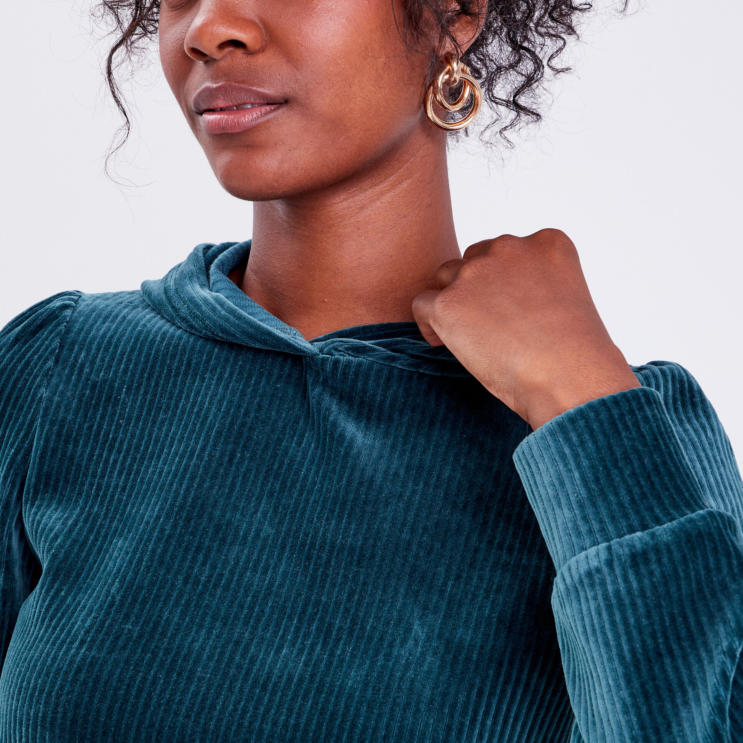 Sweat velours côtelé à capuche vert foncé femme | Cache Cache