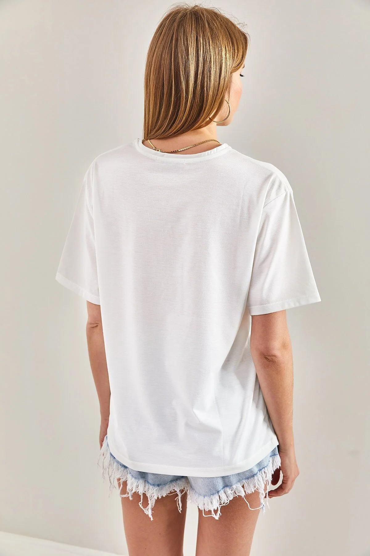 Bianco Lucci  Damen-T-Shirt aus gekämmter Baumwolle mit Stern-Perlenstein-Stickerei