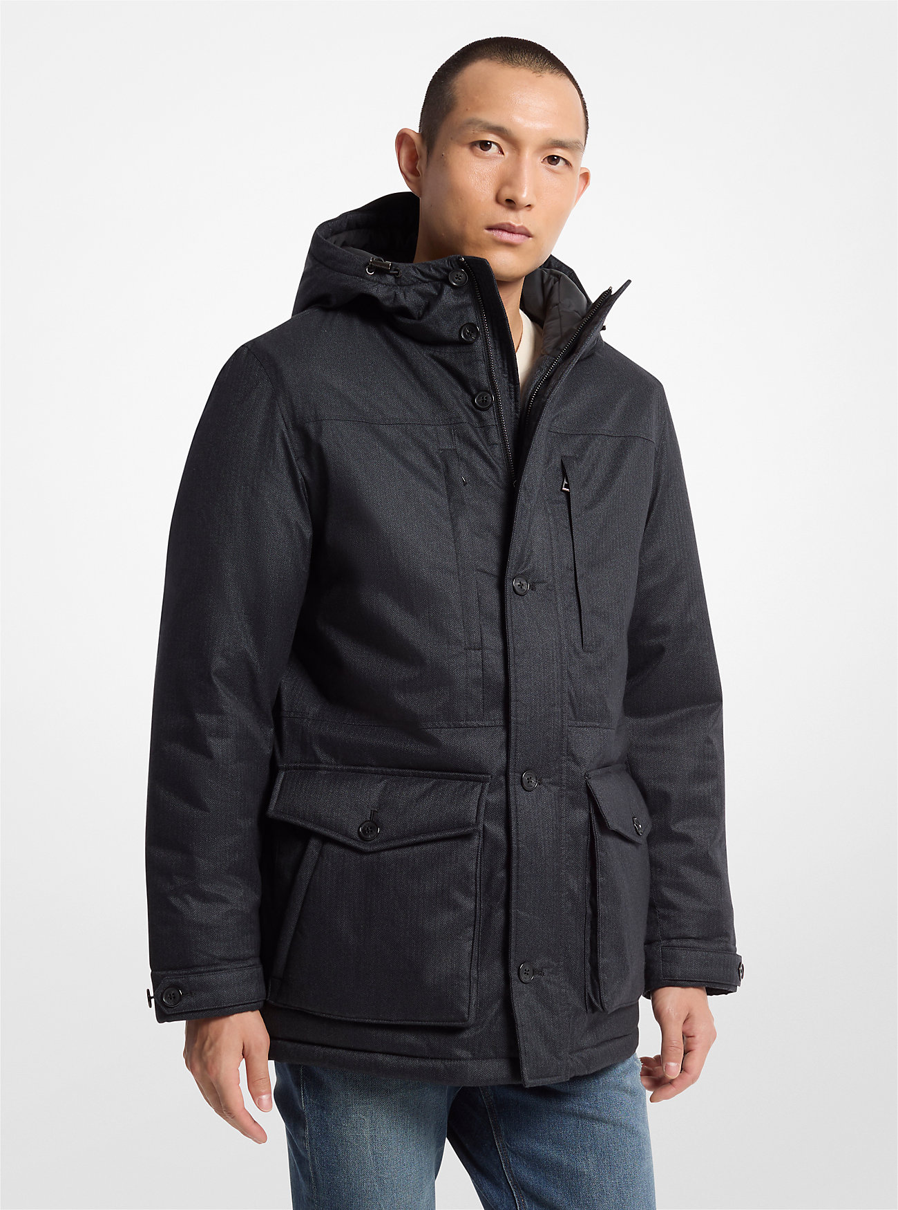 Parka z nadrukiem w jodełkę – CZARNY