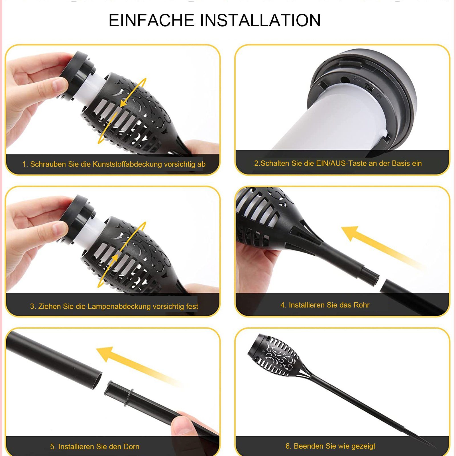 iceagle LED Solarleuchte Solarleuchten Garten - 6 Stück LED Solar Fackel Gartenfackeln, LED fest integriert
