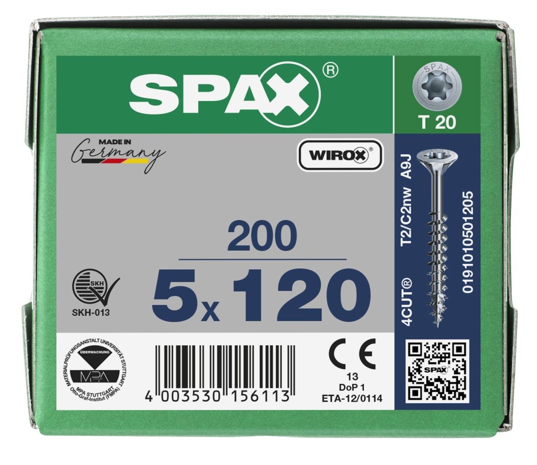 SPAX 0191010501205 Universalskrue 5 x 120 mm, Delgevind, Undersænket hoved, T-STAR plus T20 - 200 stk.