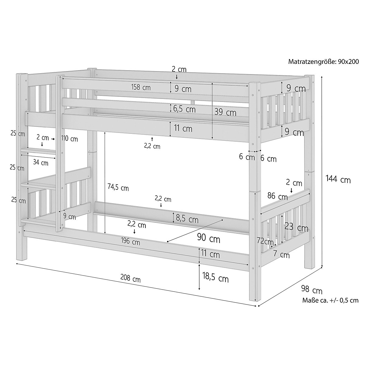 Stockbett 90x200 Kiefer weiß Rollroste, Matratzen, Gästebettkasten