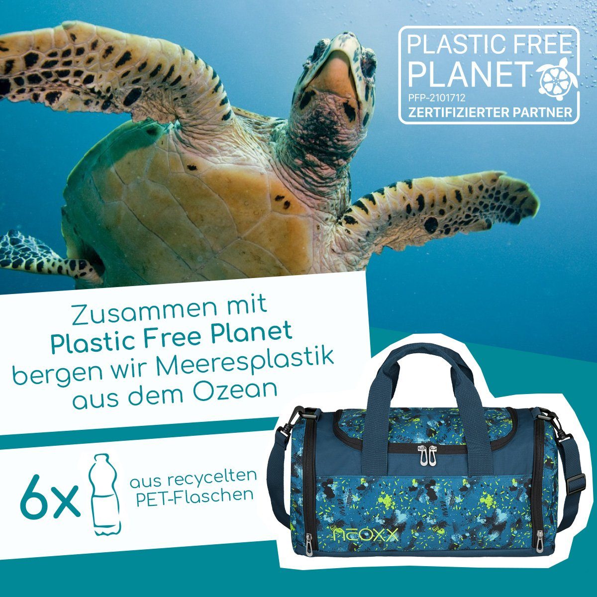 neoxx Sporttasche Champ, Petrol Extrem, aus recycelten PET-Flaschen