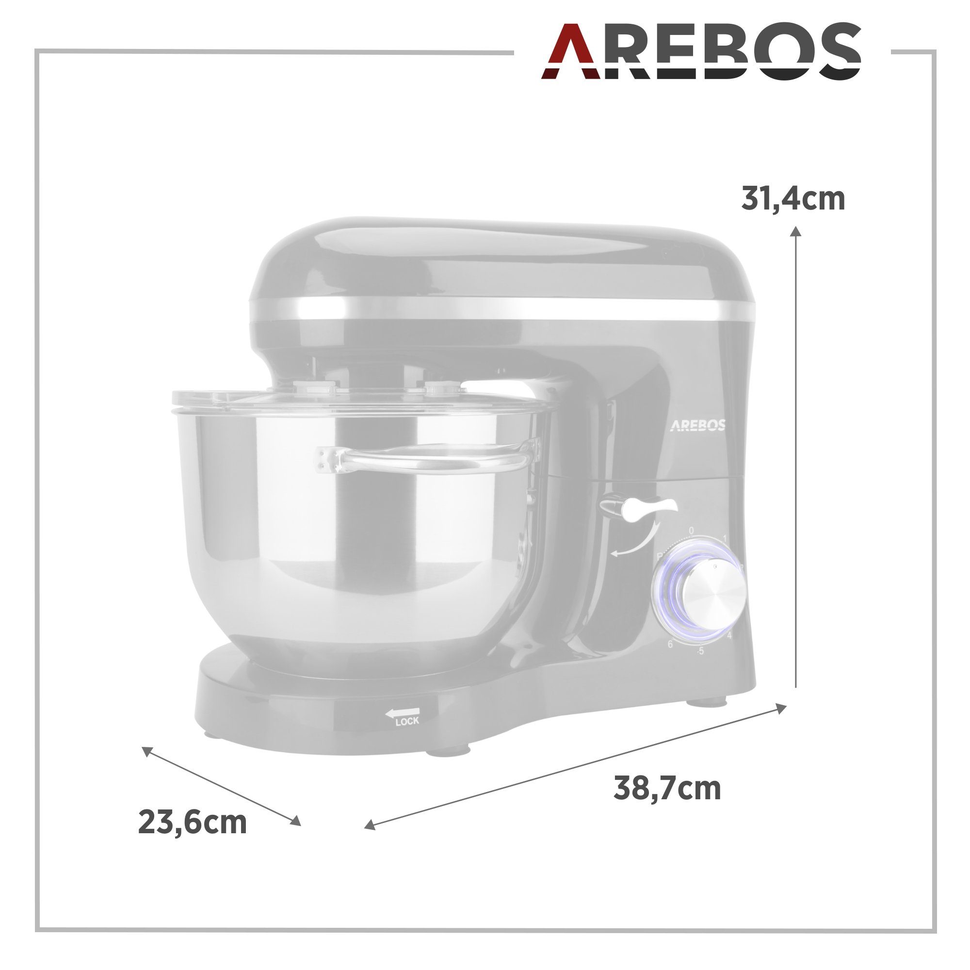 Arebos Küchenmaschine mit 6L, Edelstahl-Rührschüssel, 3 Farben, 1500 W