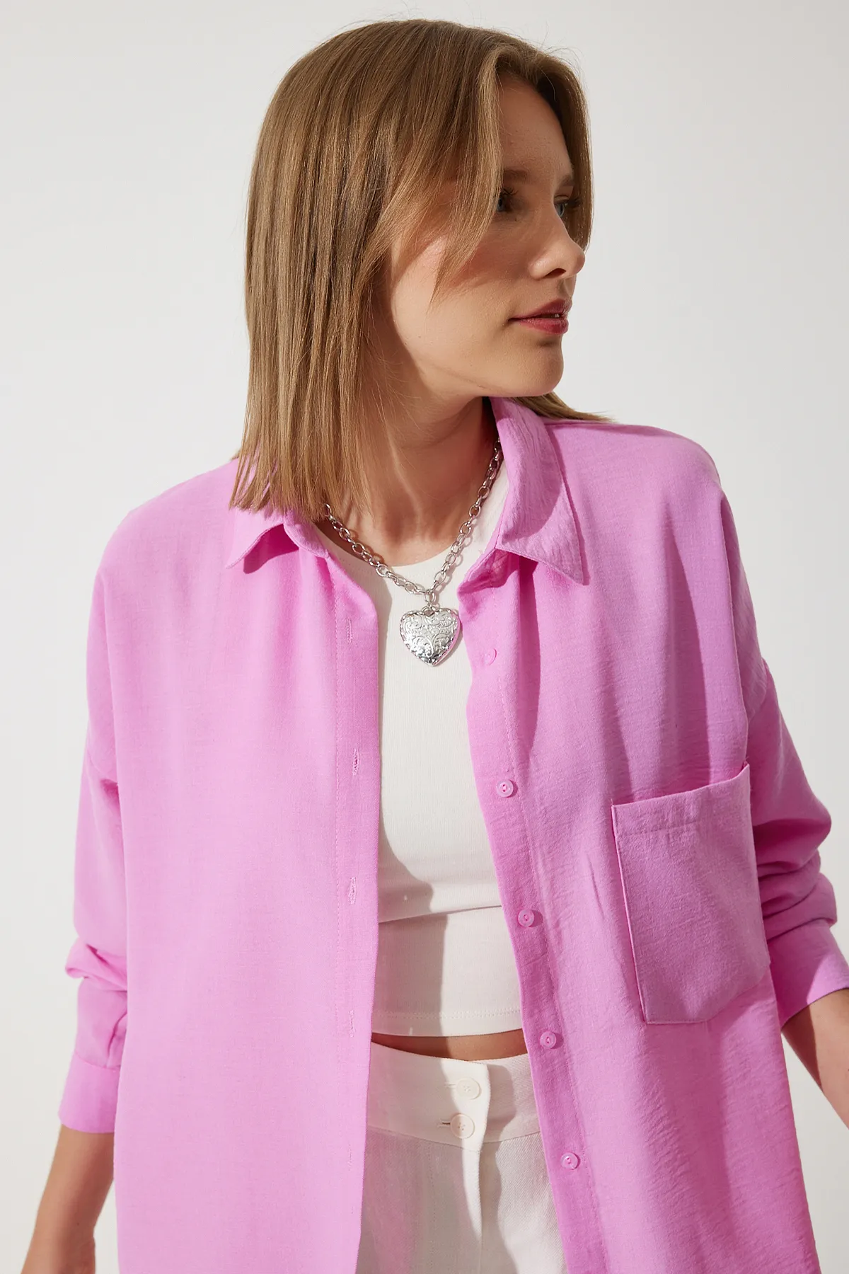Happiness İstanbul  Hellrosa Oversize-Leinenhemd Ayrobin für Damen DD01222