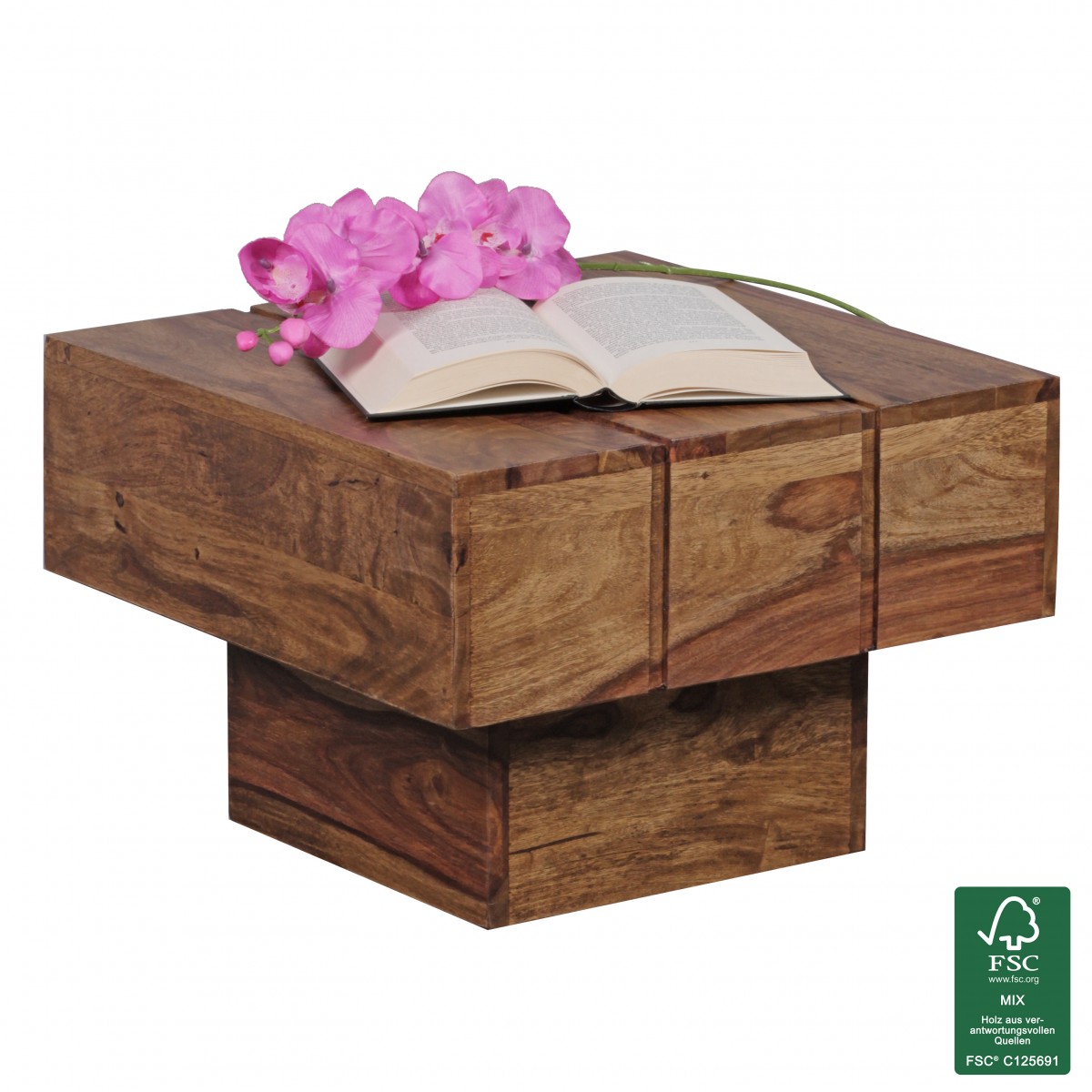 Wohnling Beistelltisch Massivholz Sheesham Wohnzimmertisch 44 x 44 x 30 cm Couchtisch