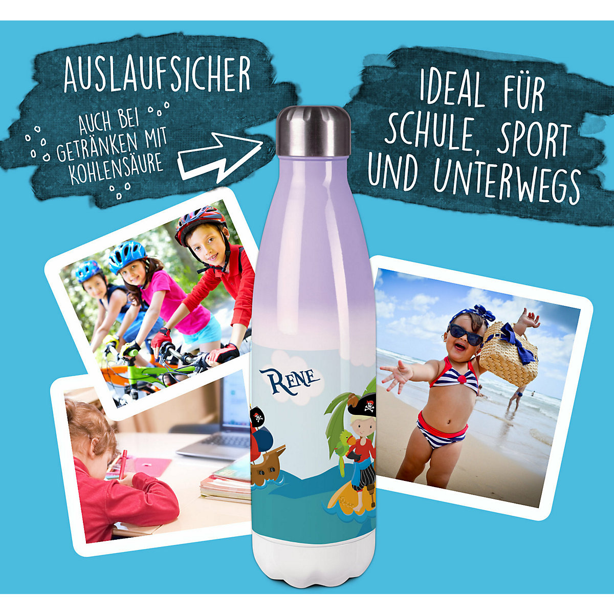 Edelstahl Kinder Thermoflasche / Trinkflasche bunt Pirat nah Spülmaschinenfest, Auslaufsicher, Bruchfest, Doppelwandig, Für Heißgetränke geeignet, Mit Deckel, Isoliert