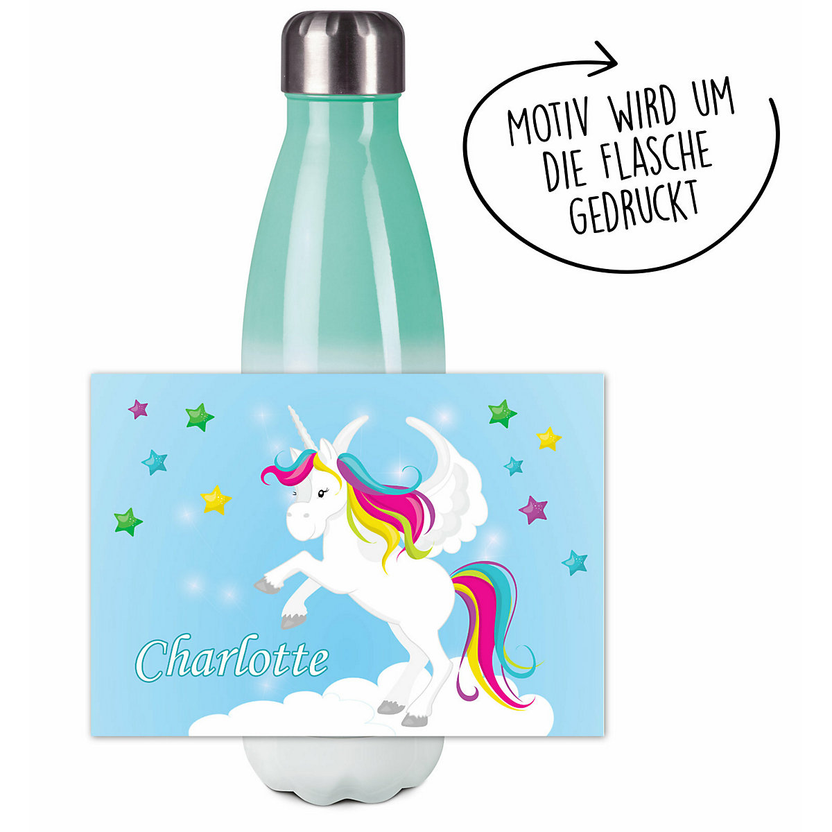 Edelstahl Kinder Thermoflasche / Trinkflasche bunt Pegasus Farbe blau Spülmaschinenfest, Auslaufsicher, Bruchfest, Doppelwandig, Für Heißgetränke geeignet, Mit Deckel, Isoliert