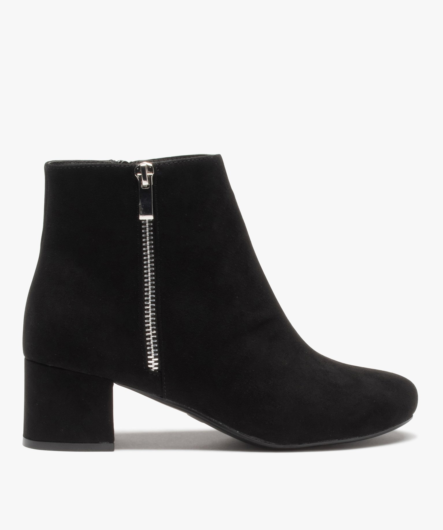 Boots femme à talon carré en suédine unie et zip décoratif noir | GEMO
