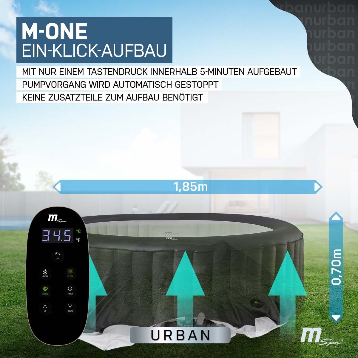 mSpa Whirlpool Outdoor Whirlpool aufblasbar Urban Rimba U-RB061 für 6 Personen, (Luxus Garten Pool - inkl. 2x Filterkartusche - Isolierabdeckung - Schnellheizsystem - Winterfest - 138 Luftdüsen, 4-tlg., Abdeckung mit Schloss - Indoor - LED Fernbedien