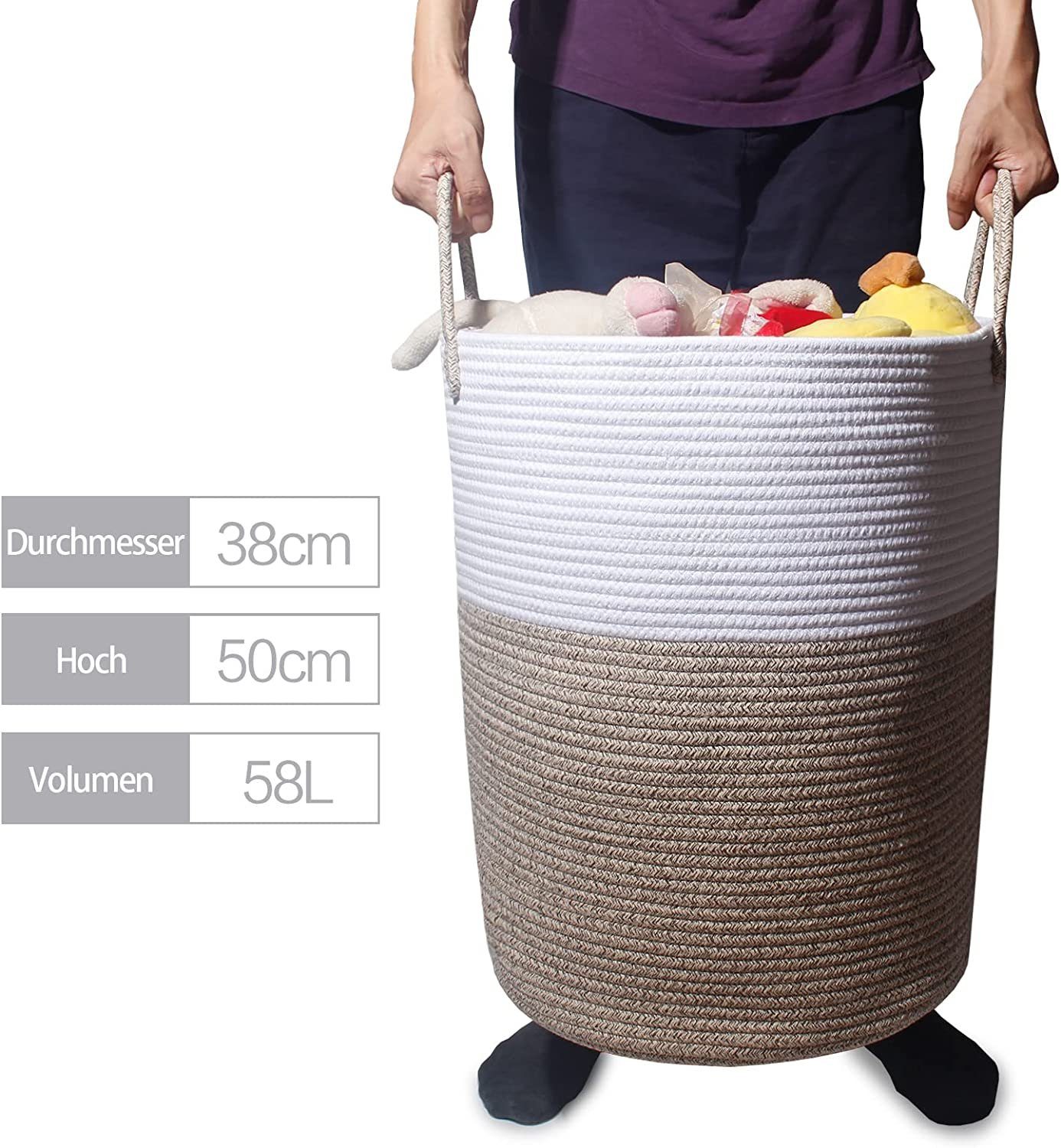 GREELUE Wäschekorb Wäschekorb mit Henkel 58L, Spielzeug Aufbewahrung, Aufbewahrungsbox, Wäschesammler Groß, Aufbewahrungskorb Kinderzimmer,D 38 x H 50 CM