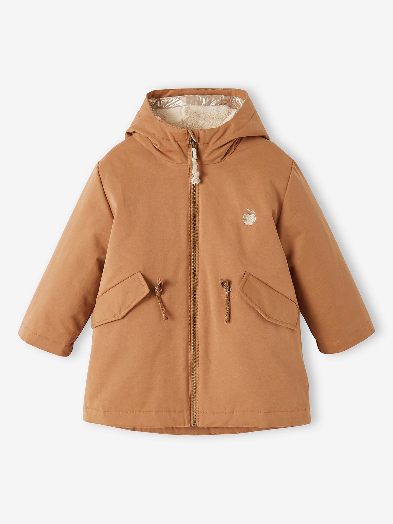 Parka à capuche 3 en 1 fille avec doudoune brillante doublée sherpa camel