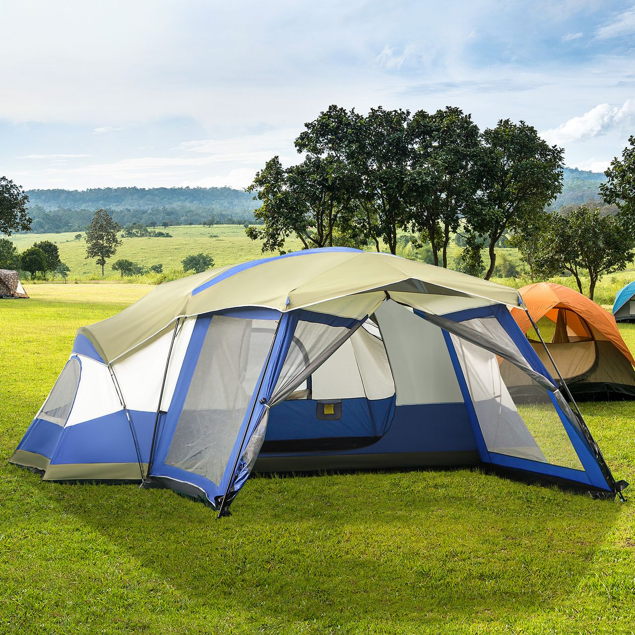 Outsunny Camping Zelt 6-8 Personen Zelt Familienzelt mit Vorraum 2 Fenster Kuppelzelt PU3000mm für Trekking Festival Glasfaser Blau 518 x 487 x 237 cm