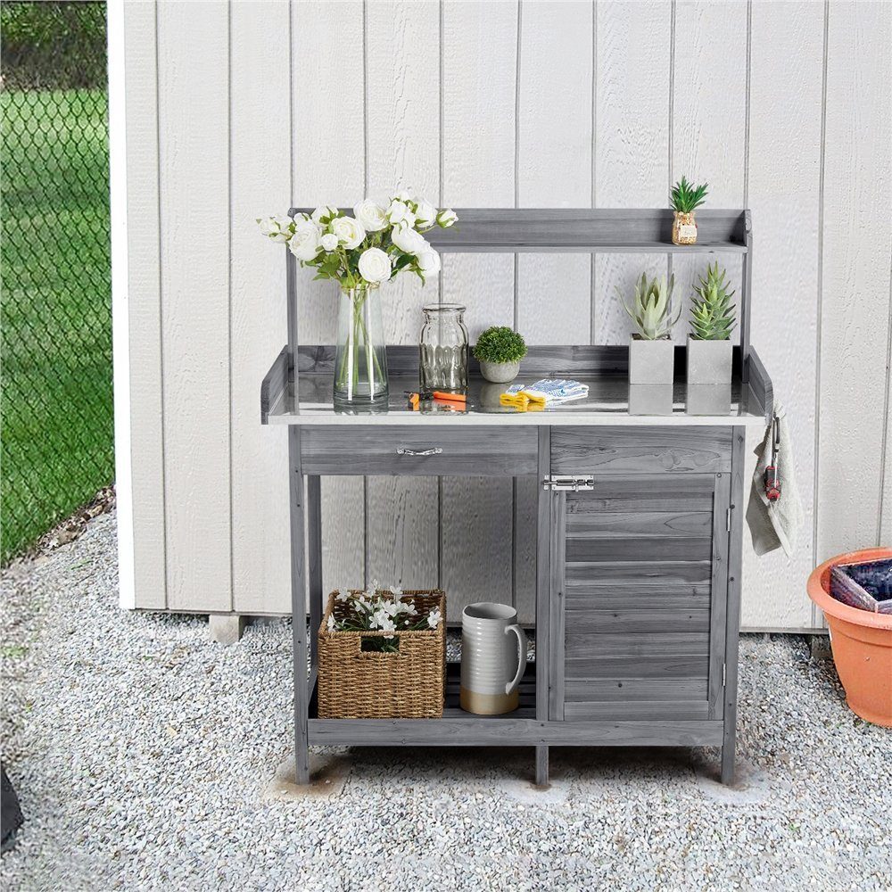 Yaheetech Pflanztisch Garten Pflanztisch mit Schubladen & Unterschrank, Outdoor Gärtnertisch Holzpflanztisch mit verzinkt Arbeitsplatte