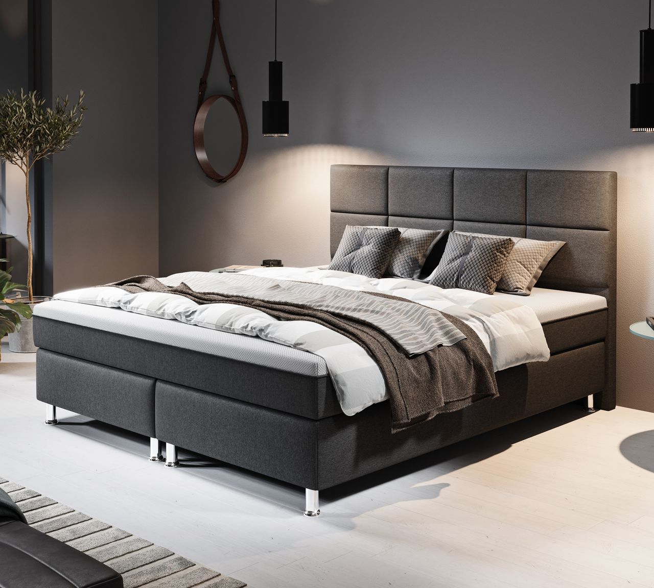 IHG Boxspringbett Rotterdam Plus mit integriertem Topper 180x200 Webstoff Anthrazit