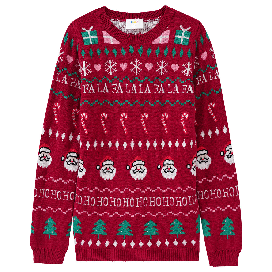 Mädchen Weihnachtspullover mit Allover-Motiv dunkelrot / grün / weiss