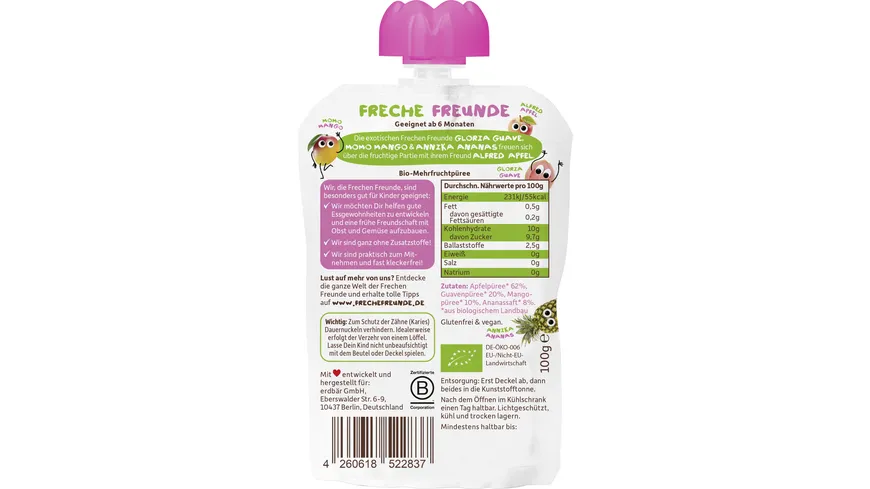 Freche Freunde Bio Quetschie Apfel, Guave, Mango & Ananas 100 g
