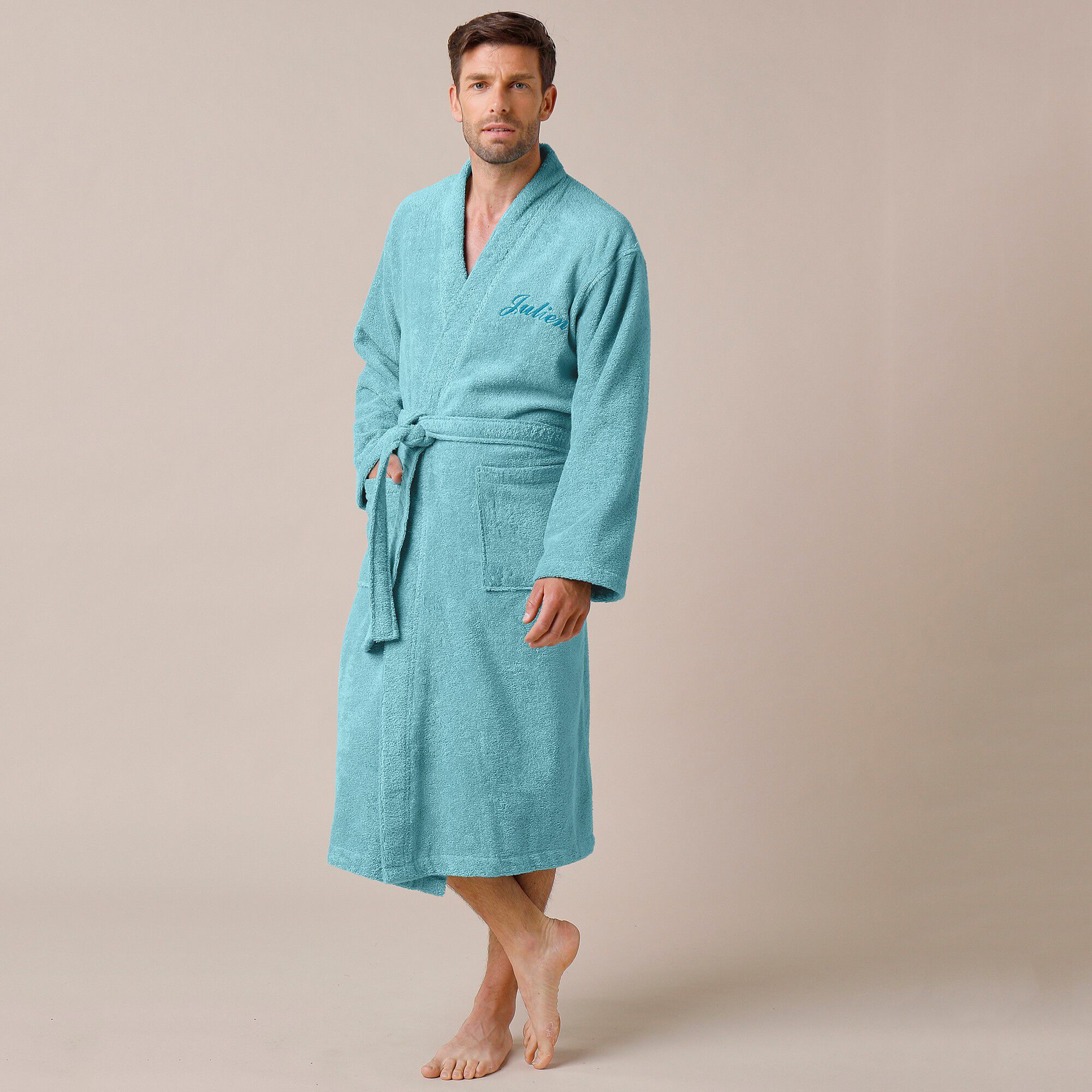 Peignoir mixte adulte uni coton éponge bouclette col kimono personnalisé