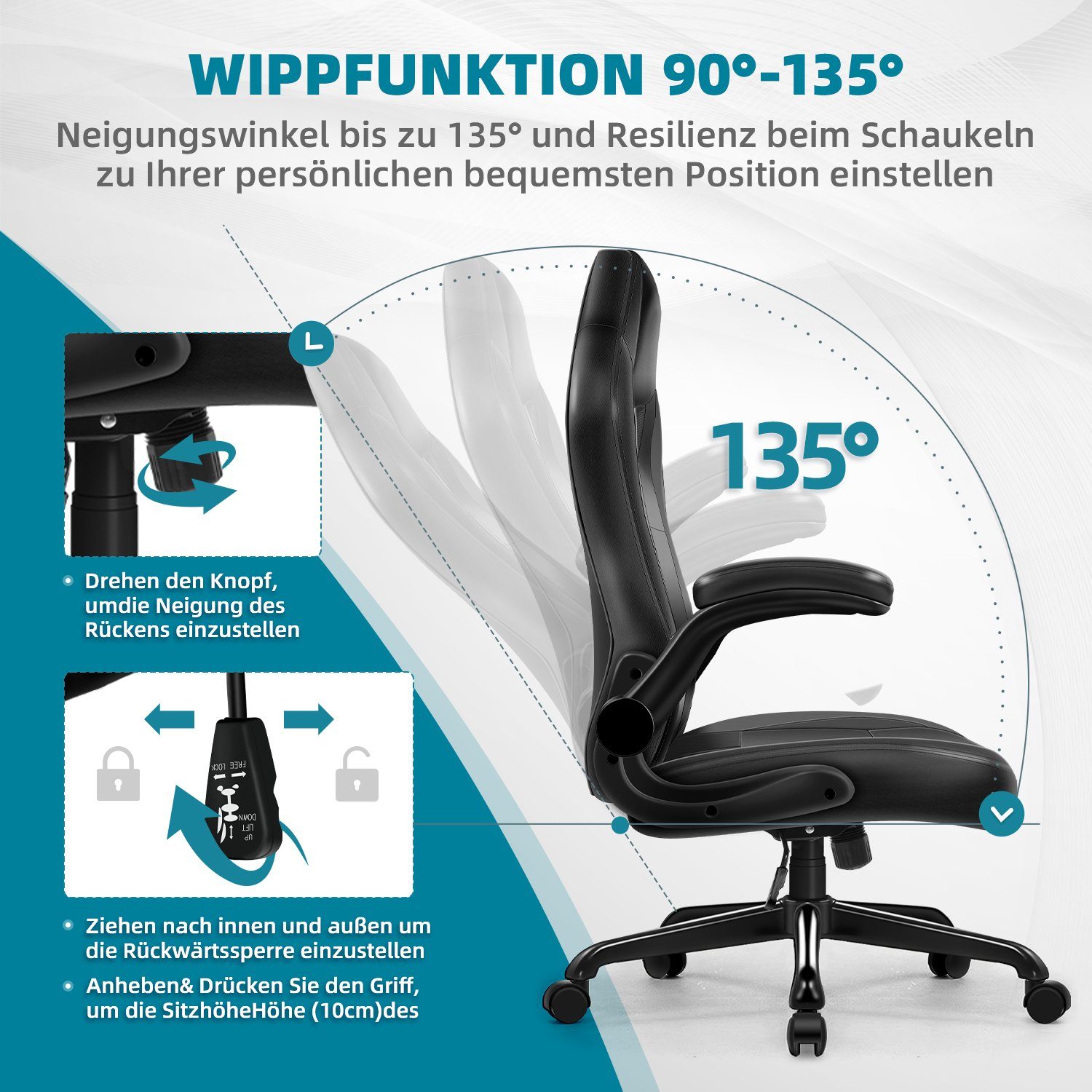 Aiidoits Gaming-Stuhl Bürostuhl, Gaming Stuhl, Chefsessel Gaming Sessel Computerstuhl (Packung), 90° klappbare Armlehne