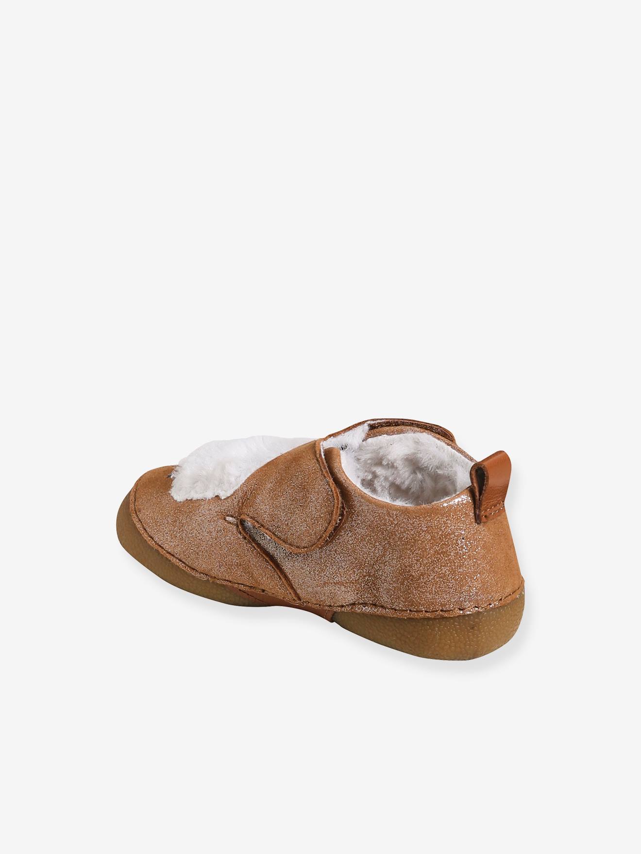 Chaussons fourrés bébé fille en cuir souple camel pailleté