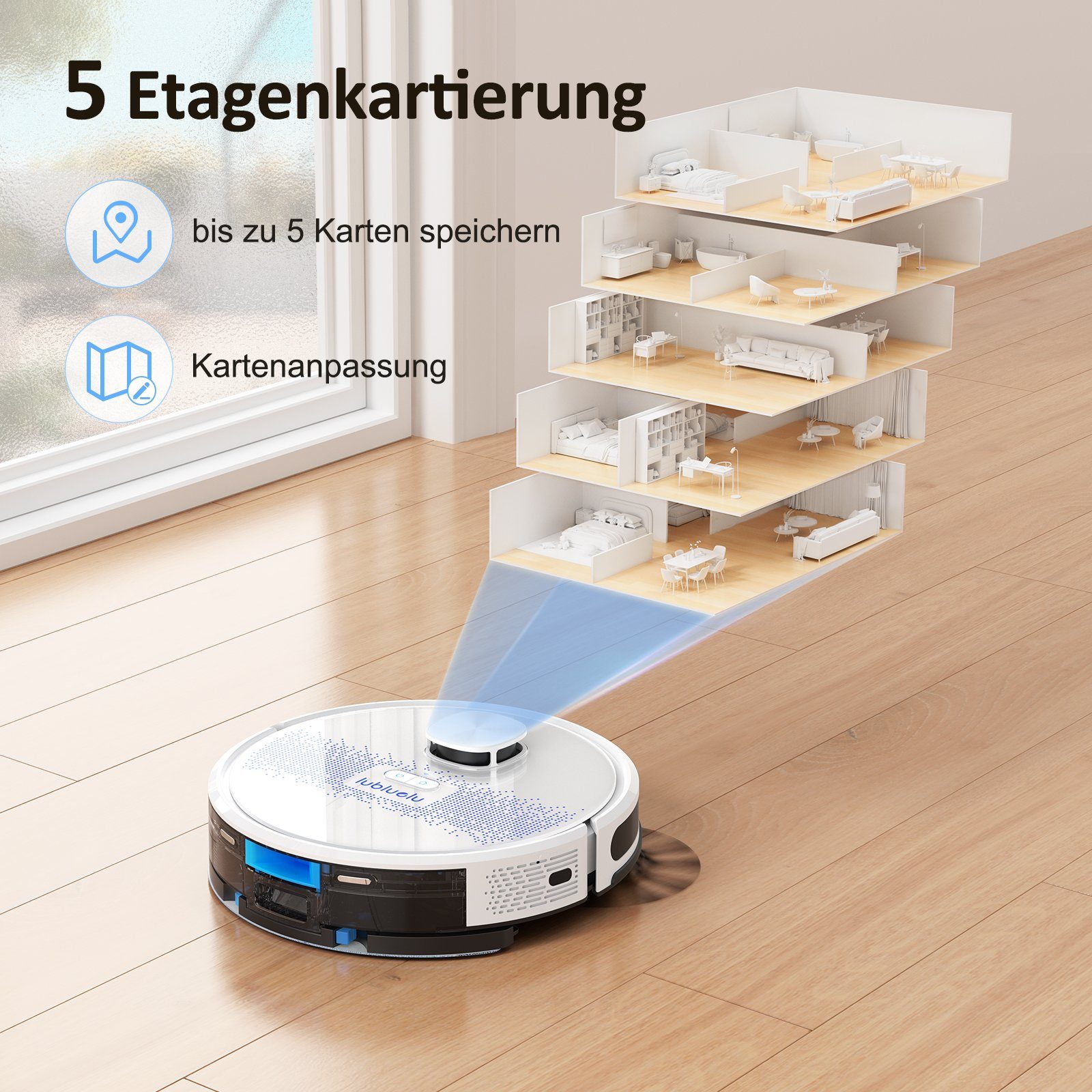 oyajia Nass-Trocken-Saugroboter LiDAR Lasernavigation Saug- und Wischroboter Saugroboter, 42,00 W, Beutellos, mit Wischfunktion,10 No-Go-Zonen,3000Pa, Selbstaufladender