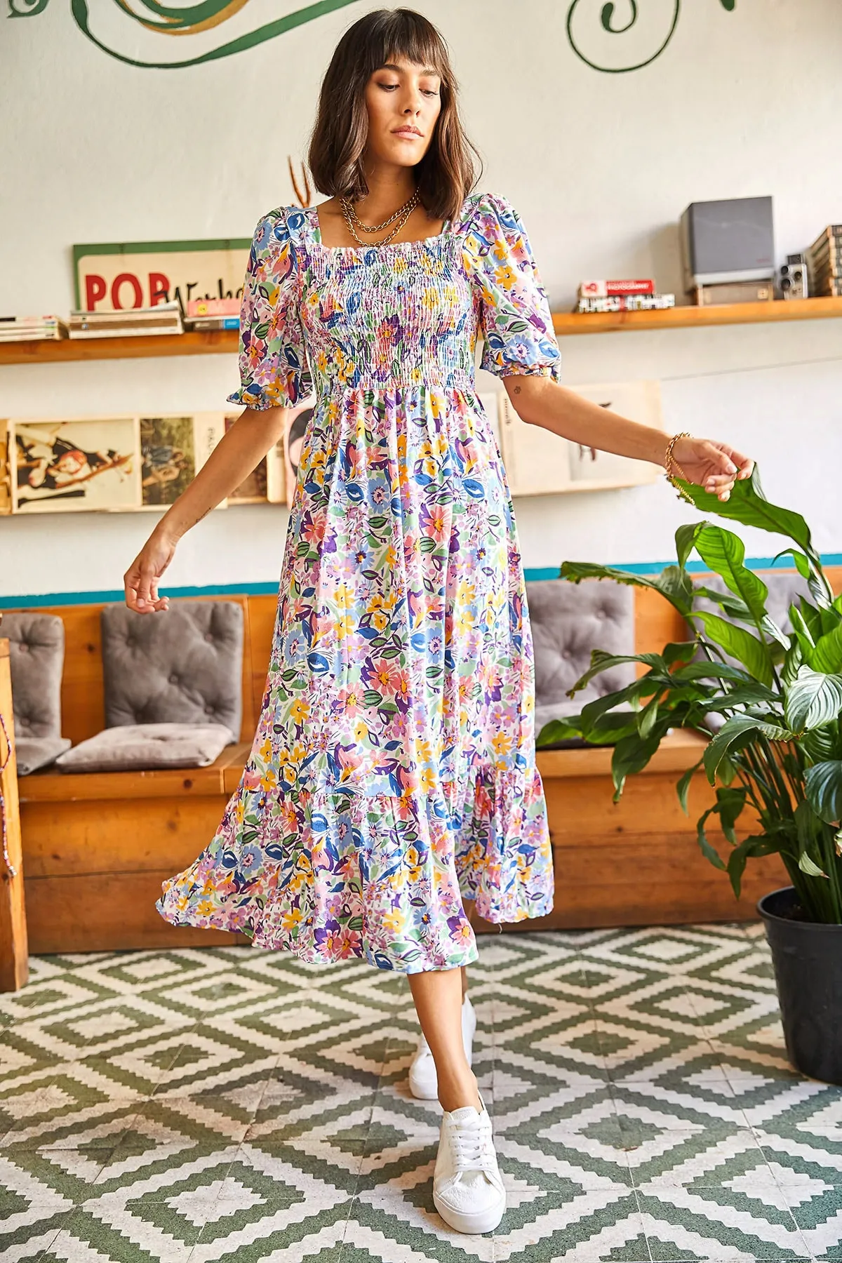Olalook  Mehrfarbiges Gimped Casual-Kleid aus gewebter Viskose für Damen ELB-19001483