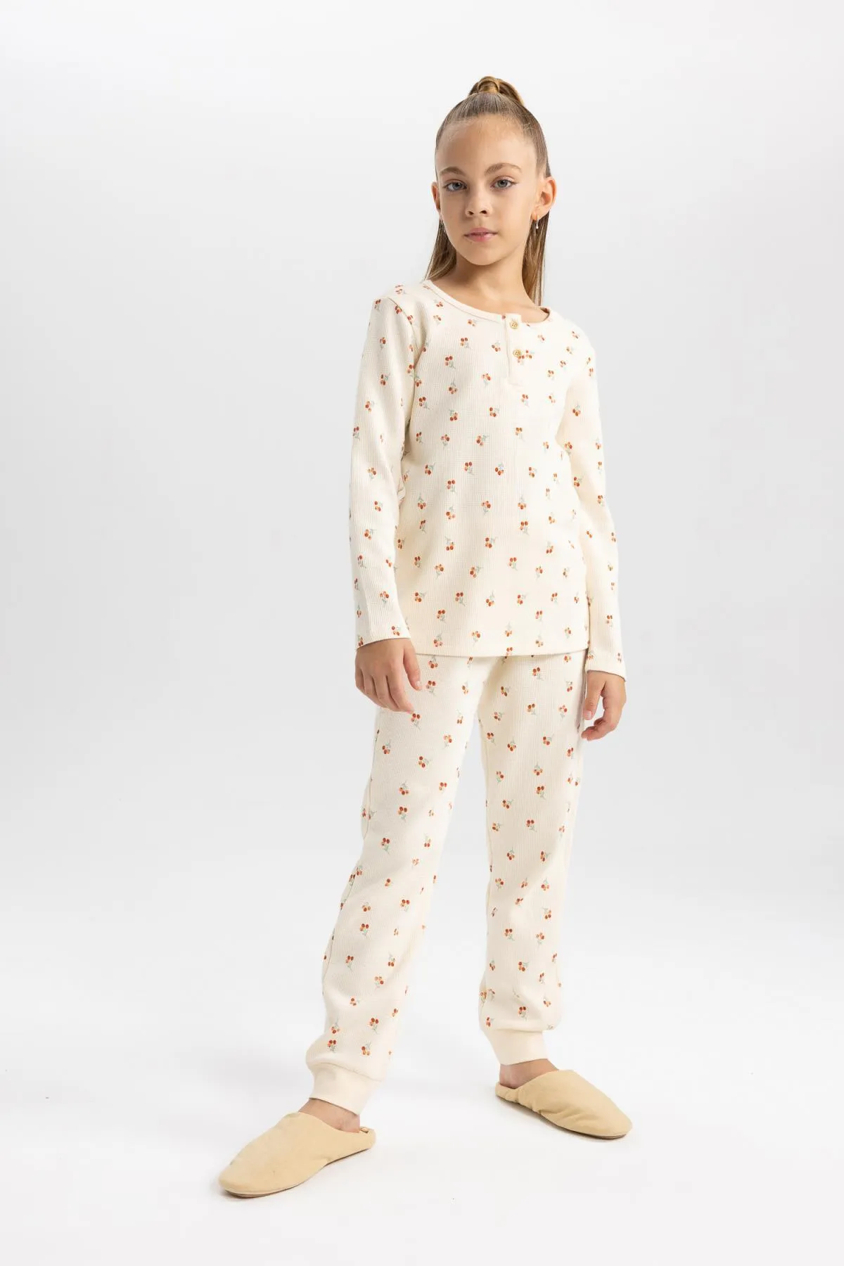 DeFacto  Langarm-Pyjama-Set mit gemustertem Waffelmuster für Mädchen