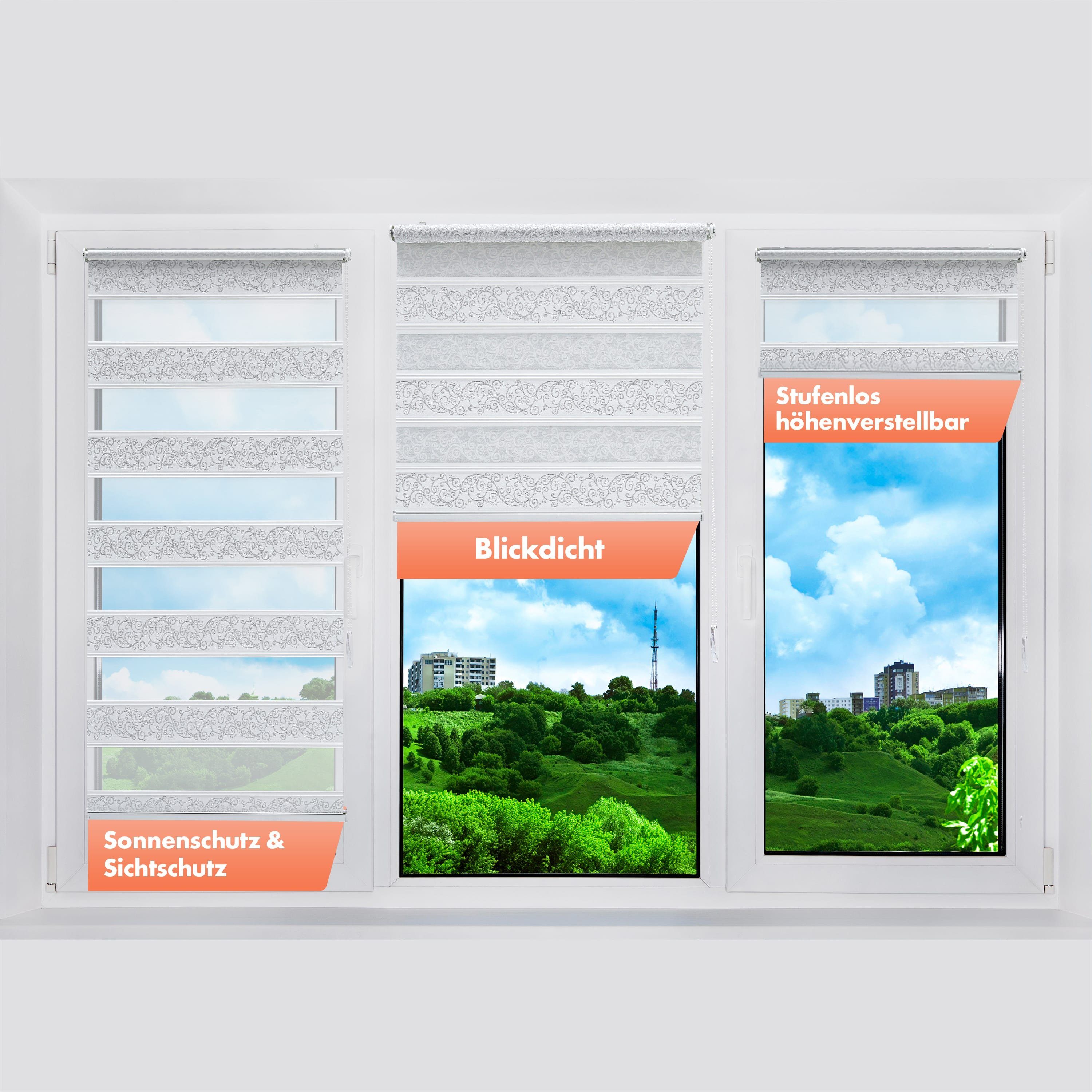 Doppelrollo mit Motiv, Duo Rollo, Fensterrollo, Klemmrollo, Bailena, Lichtschutz, ohne Bohren, freihängend, Klemmfix, gemustert, glitzernd, Rankenmuster, Blumenmuster