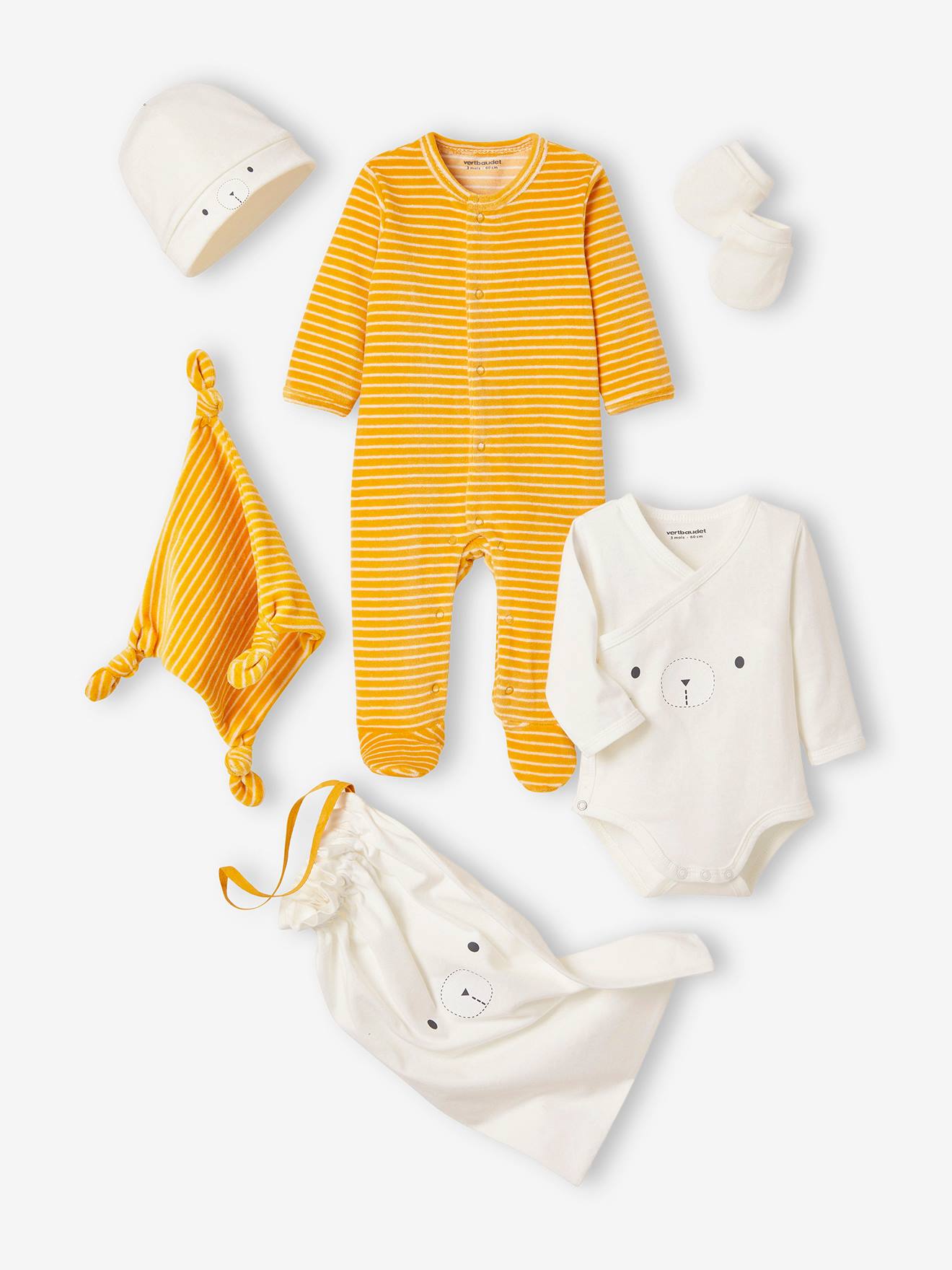 Kit naissance 5 pièces et sac rayé chat lot jaune épicé