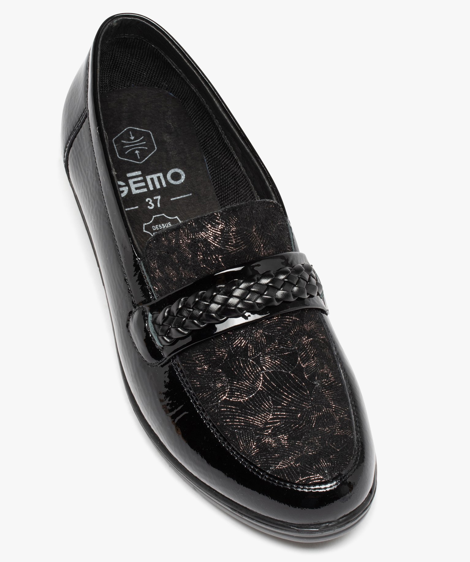 Mocassin confort avec dessus en cuir verni et talon compensé femme