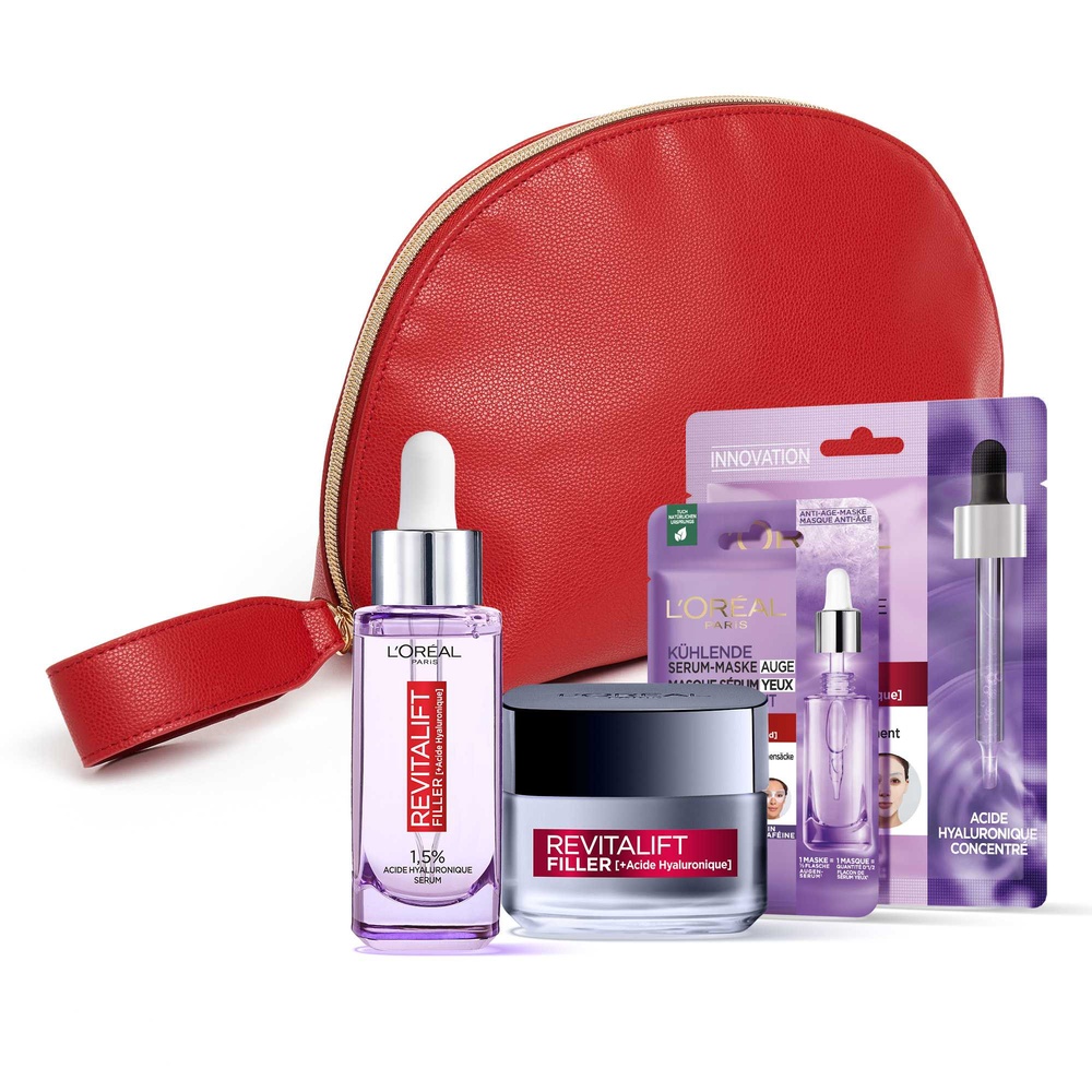 L'Oréal Paris Revitalift Filler Trousse Routine Acide Hyaluronique Pur Sérum, Crème de Jour, 2 Masques Tissu