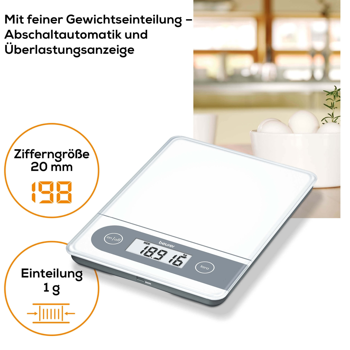 Beurer Haushaltswaage - KS 59 XXL-Große Haushaltswaage mit Glasoberfläche & Memory-Funktion - bis 20 kg