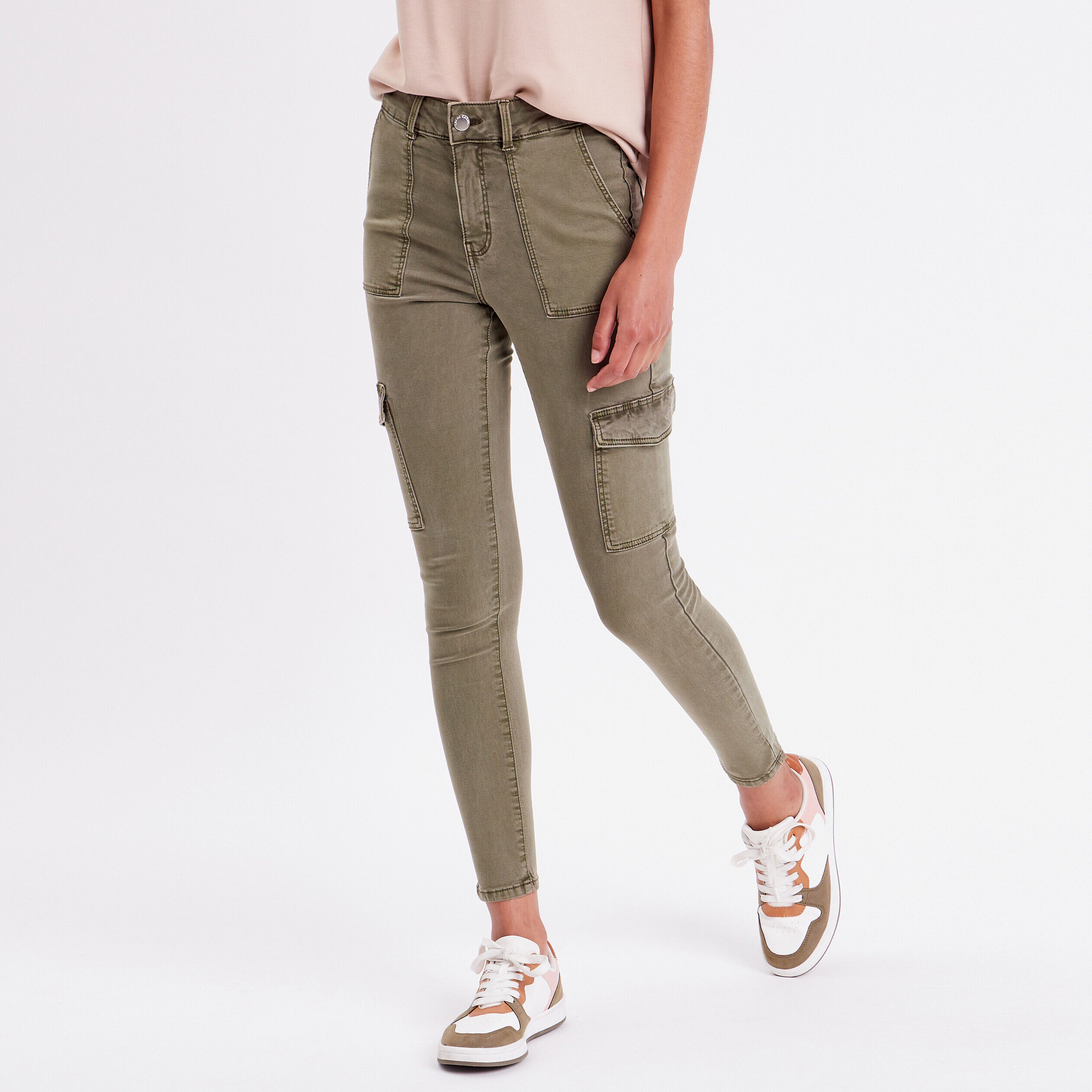 Pantalon skinny poches cargo vert kaki femme | Cache Cache