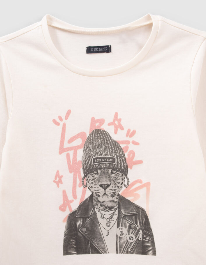 T-shirt écru visuel léopard fond tag pailleté fille