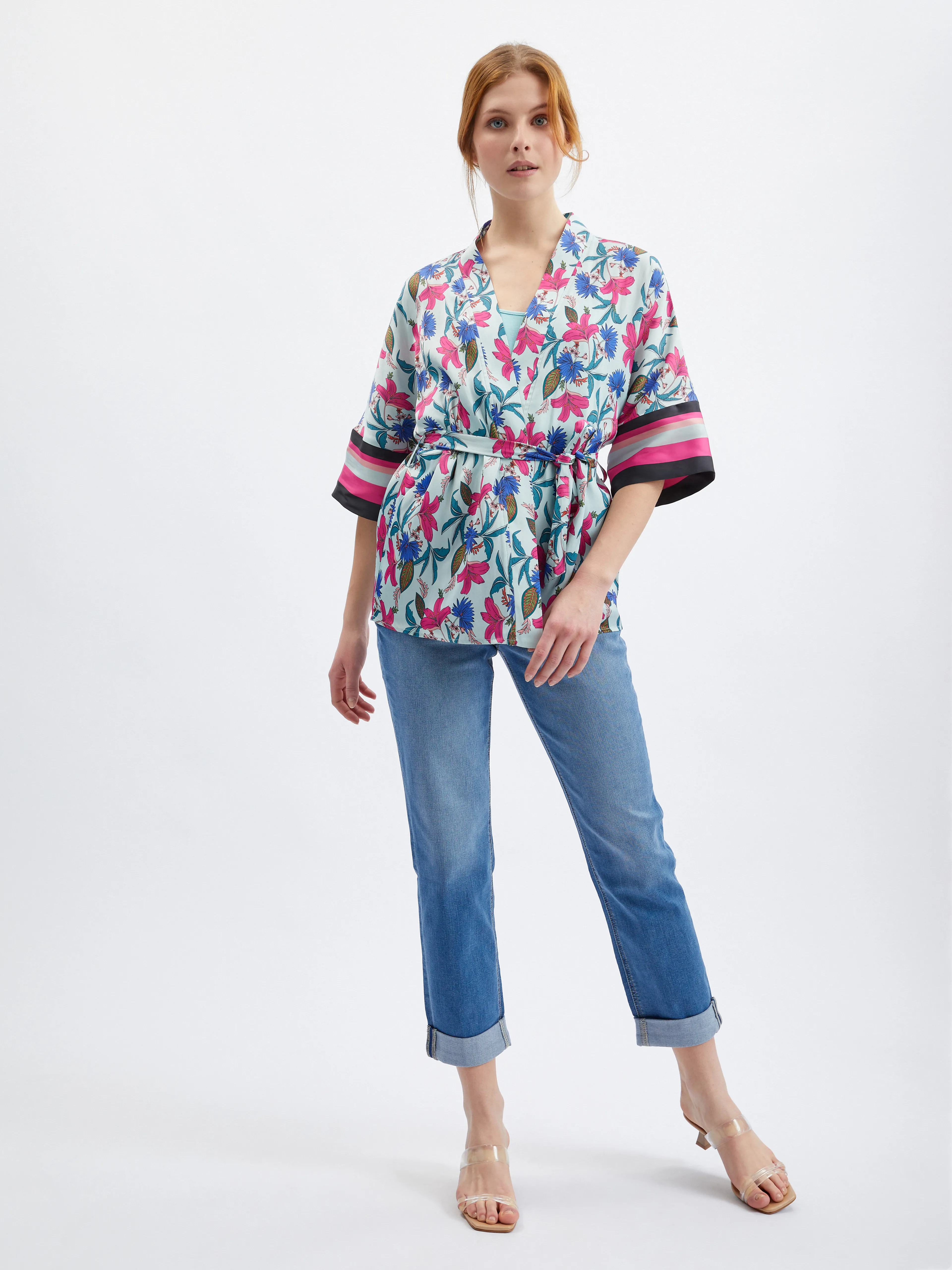 Hellblauer Damen-Blumenkimono ORSAY