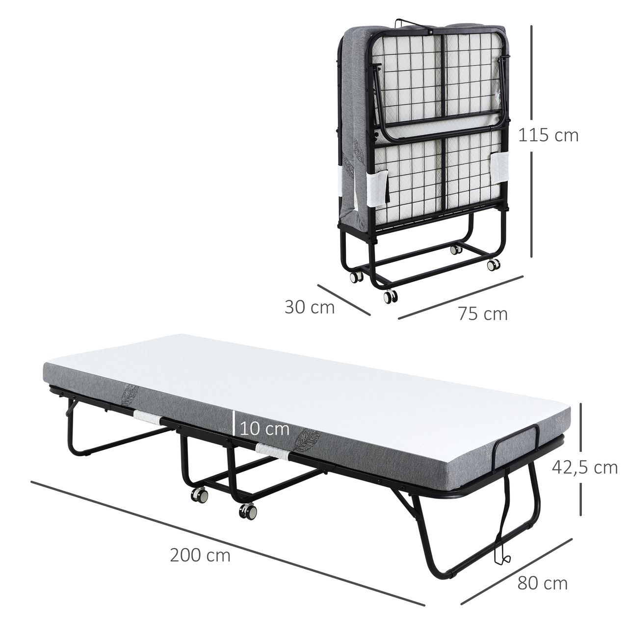 HOMCOM Gästebett 2-in-1 Klappbett mit Rollen klappbar Stahl Schaumstoff