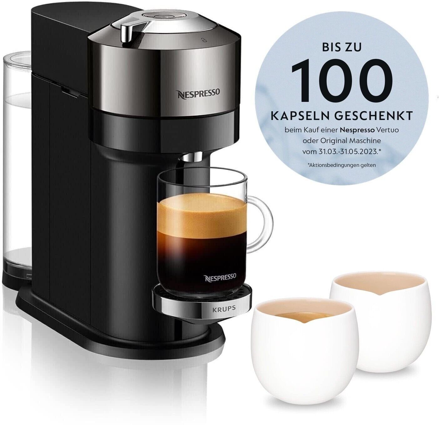 Krups Kapselmaschine Nespresso Vertuo Next Kaffeemaschine, Kaffeekapselmaschine + Origin, Lungo Tassen 2 x 180 ml Kurze Aufheizzeit One-Touch-System