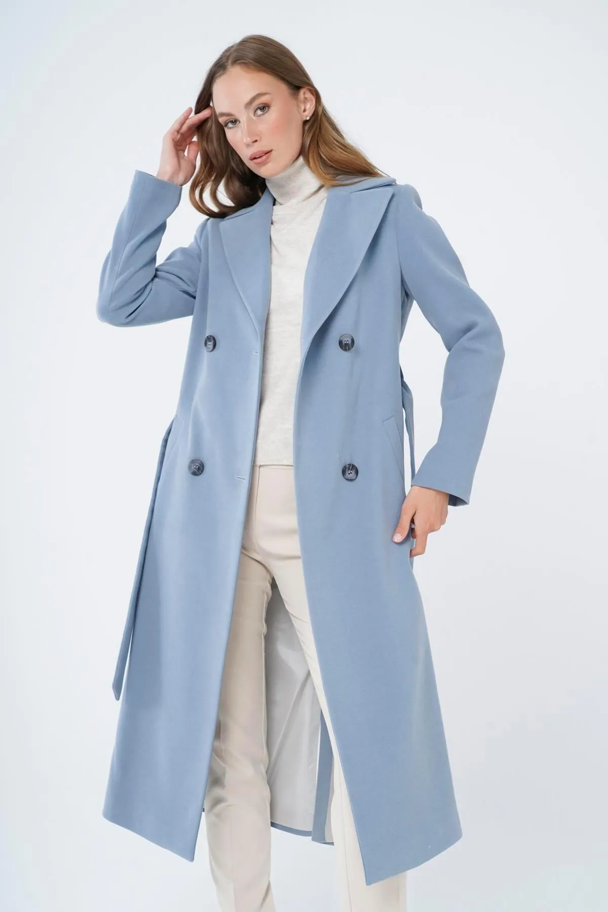 Concept.  Zweireihiger, an der Taille gebundener, mittellanger Mantel, Blau 3754