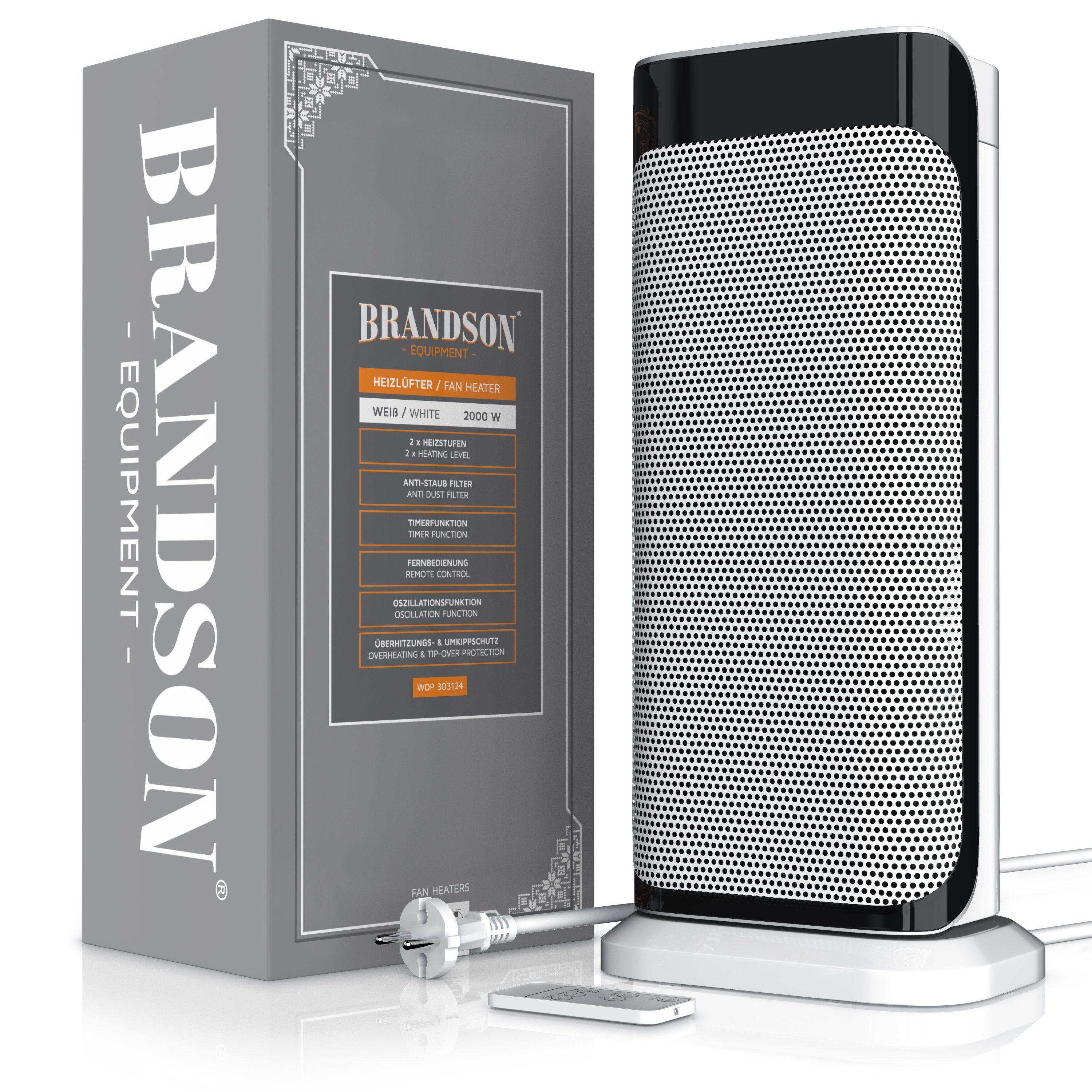Brandson Heizlüfter, 2000 W, Fernbedienung, leise, Oszillation, Timer, Badezimmer Keramikheizlüfter