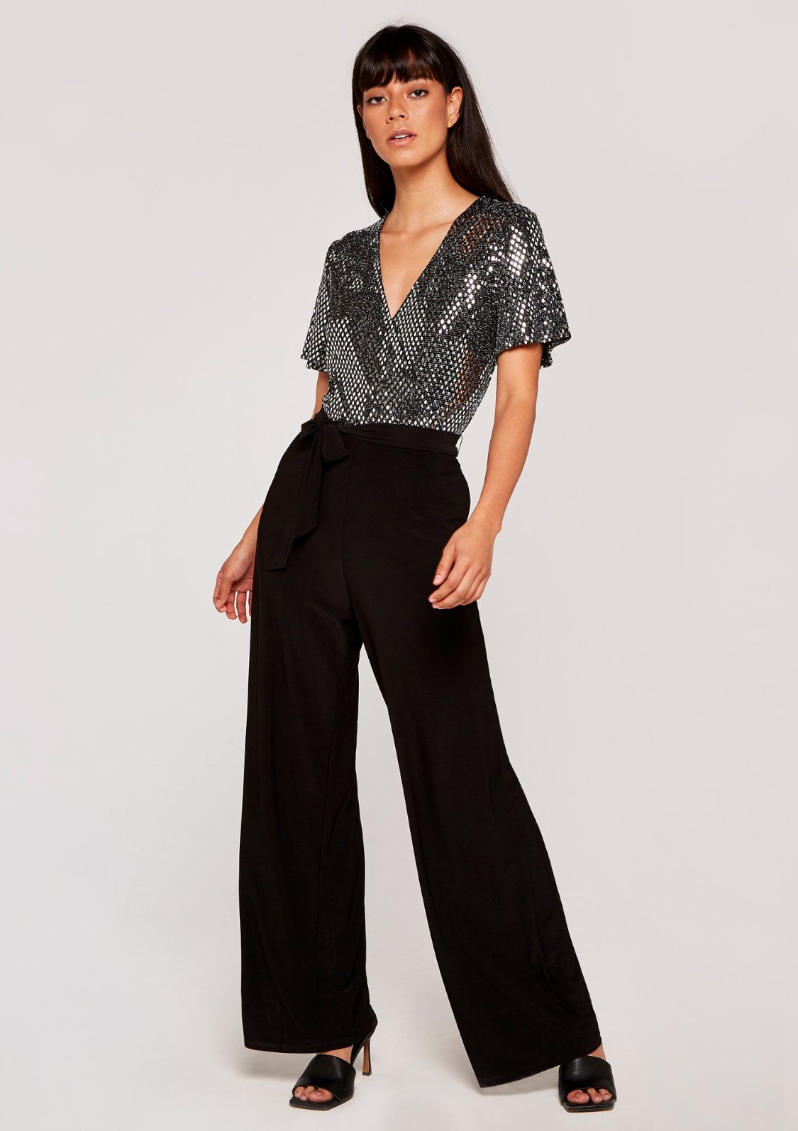 Apricot Overall Mirror Diamond Sequin Jumpsuit (2-tlg., mit Bindegürtel) mit Pailletten