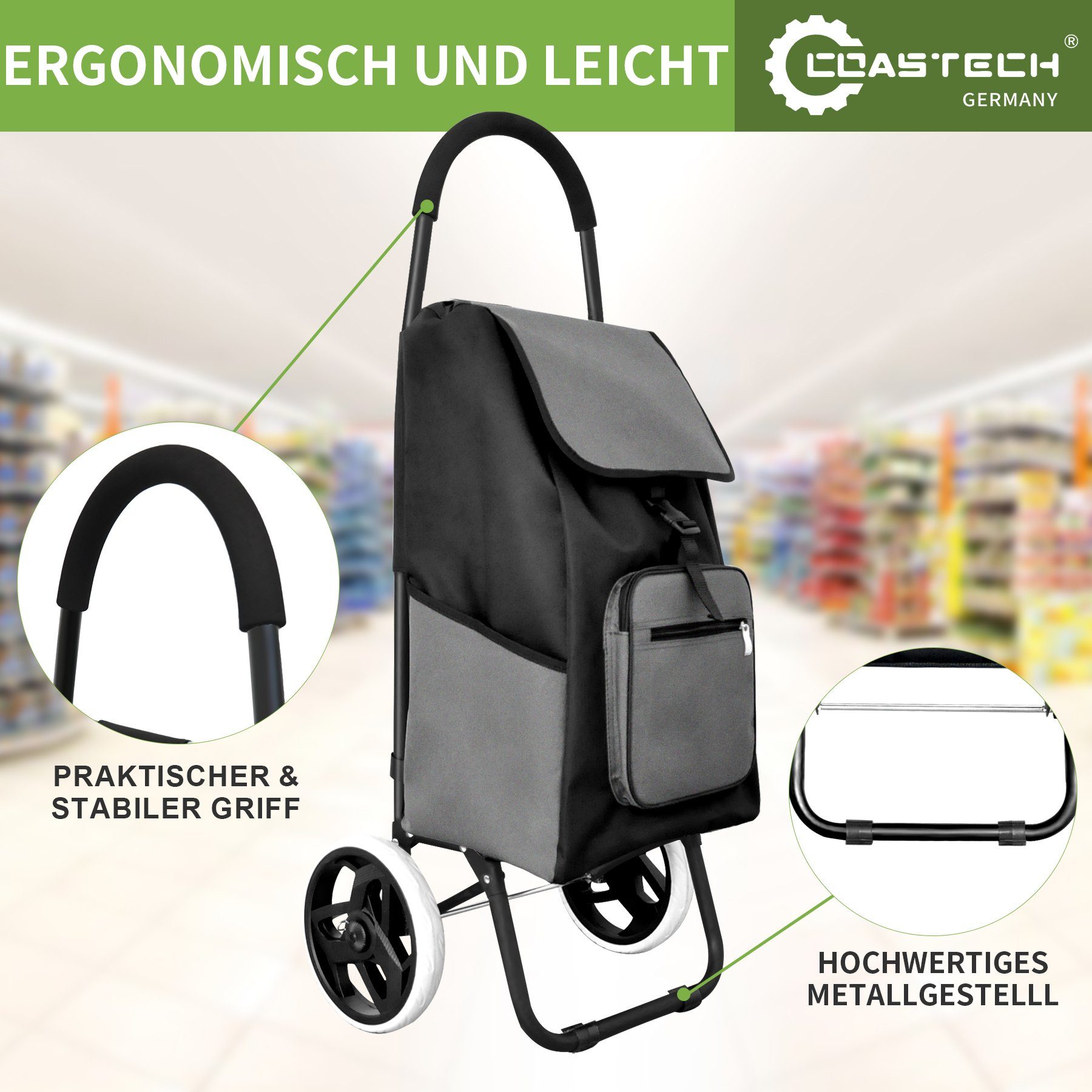 Coastech Einkaufstrolley Einkaufswagen 45 L Stauraum klappbar Abnehmbare Tasche, Oxford-Stoff Wasserabweisend, Ergonomischer / Gepolsterter Griff