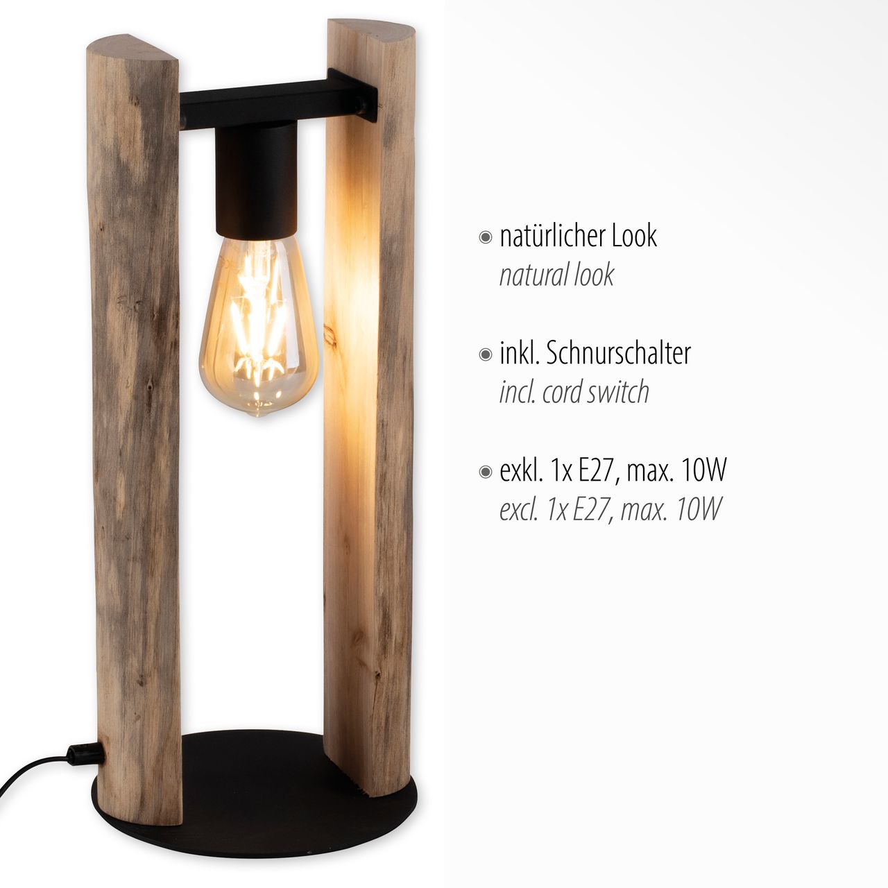 JUST LIGHT LeuchtenDirekt, Tischleuchte 1-flammig, E27, seitliche Elemente aus Eukalyptusholz, Holz-natur  LOG
