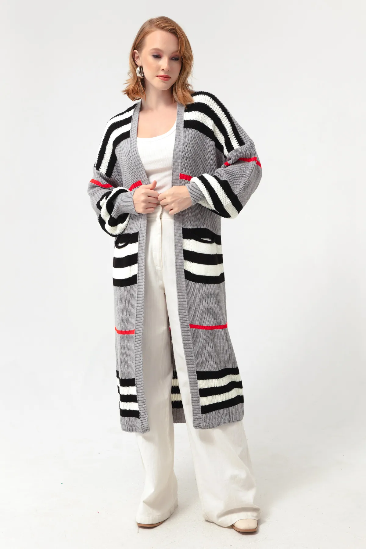 Lafaba  Grau-weißer langer Strick-Cardigan mit Ballonärmeln für Damen