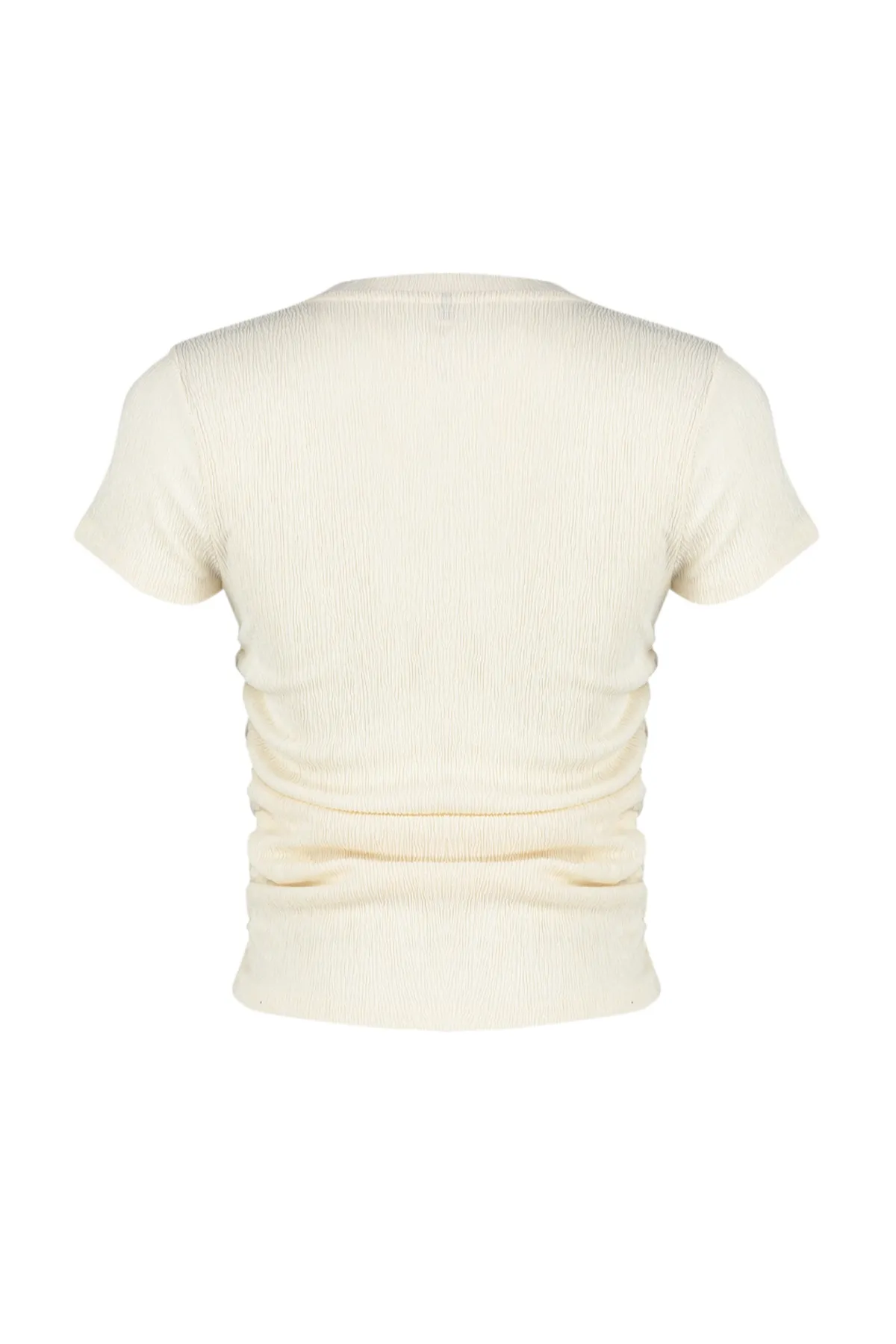 Trendyol Collection  Kurzärmlige, geraffte, detaillierte, flexible Strickbluse in Stone mit hohem Kragen TWOSS24BZ00135