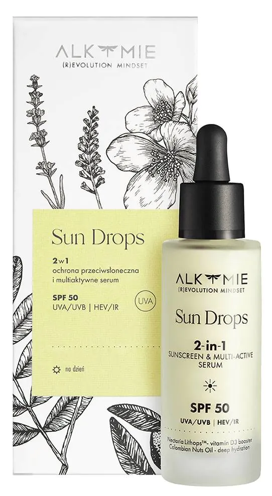 Alkmie Sun Drops SPF 50 2-i-1 solbeskyttelse og multiaktivt serum