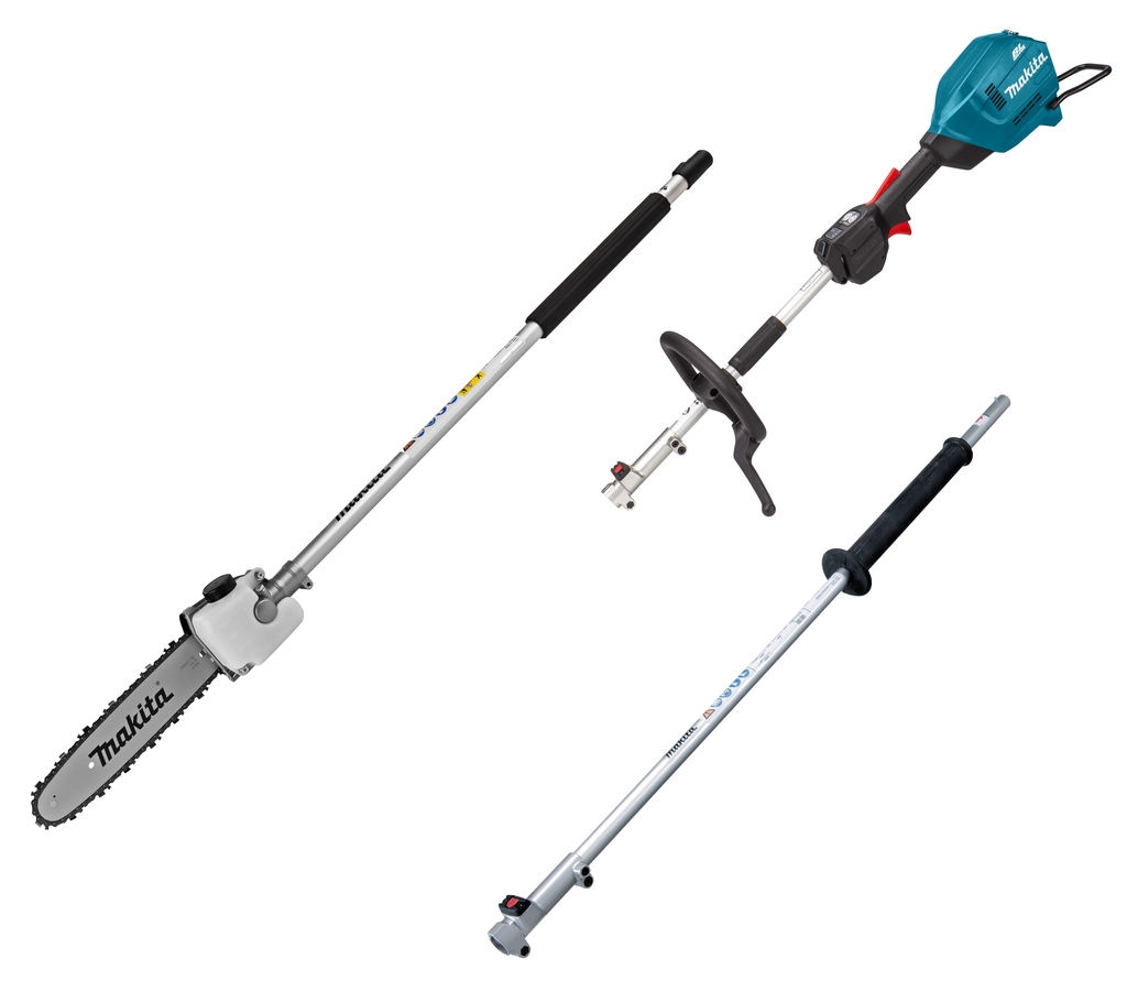 Sistema combinado inalámbrico Makita UX01GZ11 con empuñadura en D, 40 V máx. (baterías y cargador no incluidos) + accesorio de motosierra y mástil de extensión.