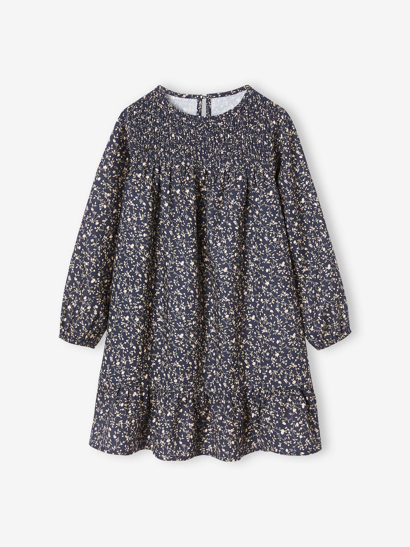 Robe à smocks motifs fleurs fille manches longues moutarde