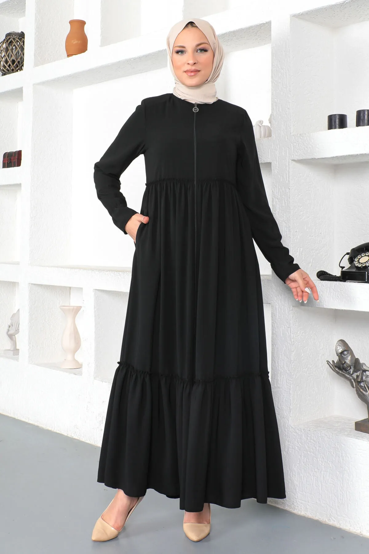 Tesettür Dünyası  Volant Hijab Abaya Tsd230335 Schwarz