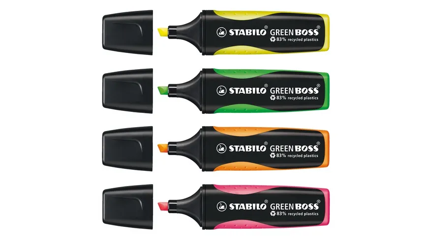 STABILO® Umweltfreundlicher Textmarker - STABILO GREEN BOSS - 4er Pack - grün, rosa, orange, gelb sortiert