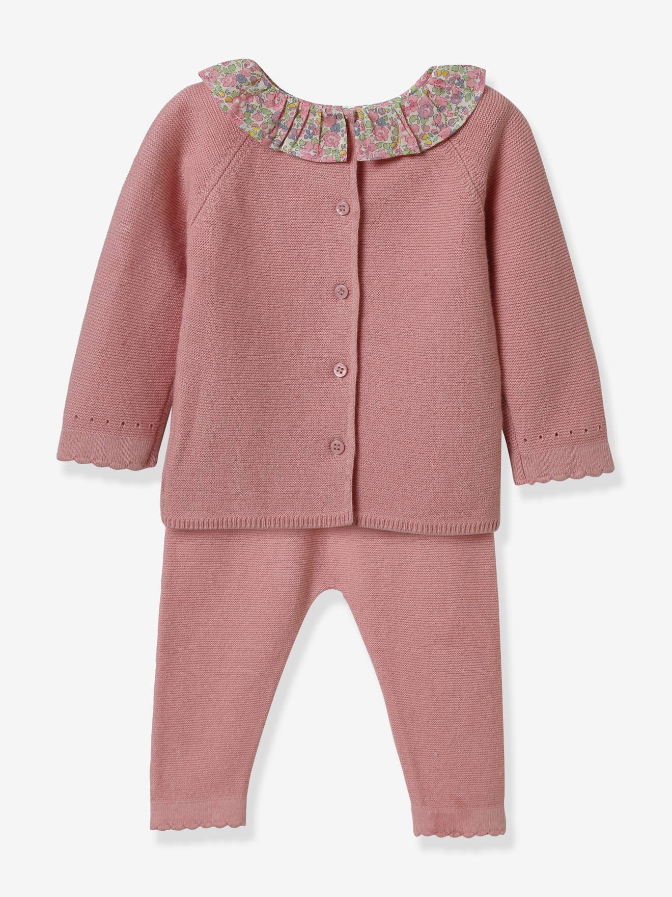 Ensemble tricot Bébé col en tissu Liberty CYRILLUS rose